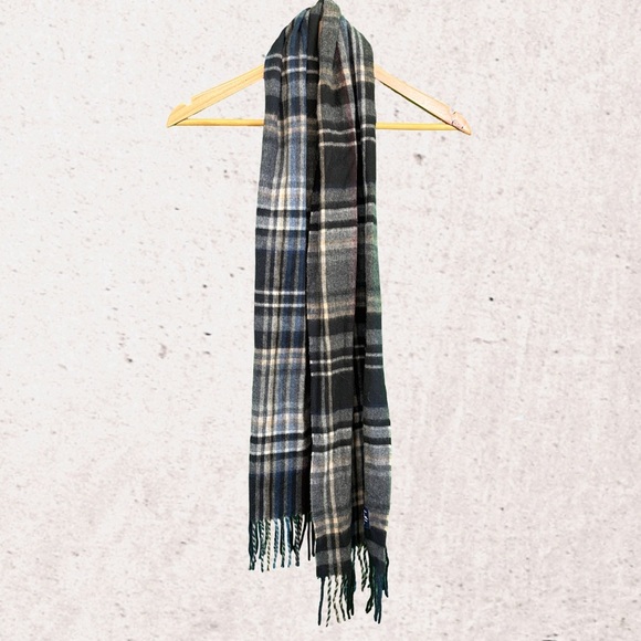 Black and Gray Plaid Scarf with Fringed Ends - Picture 1 of 2
